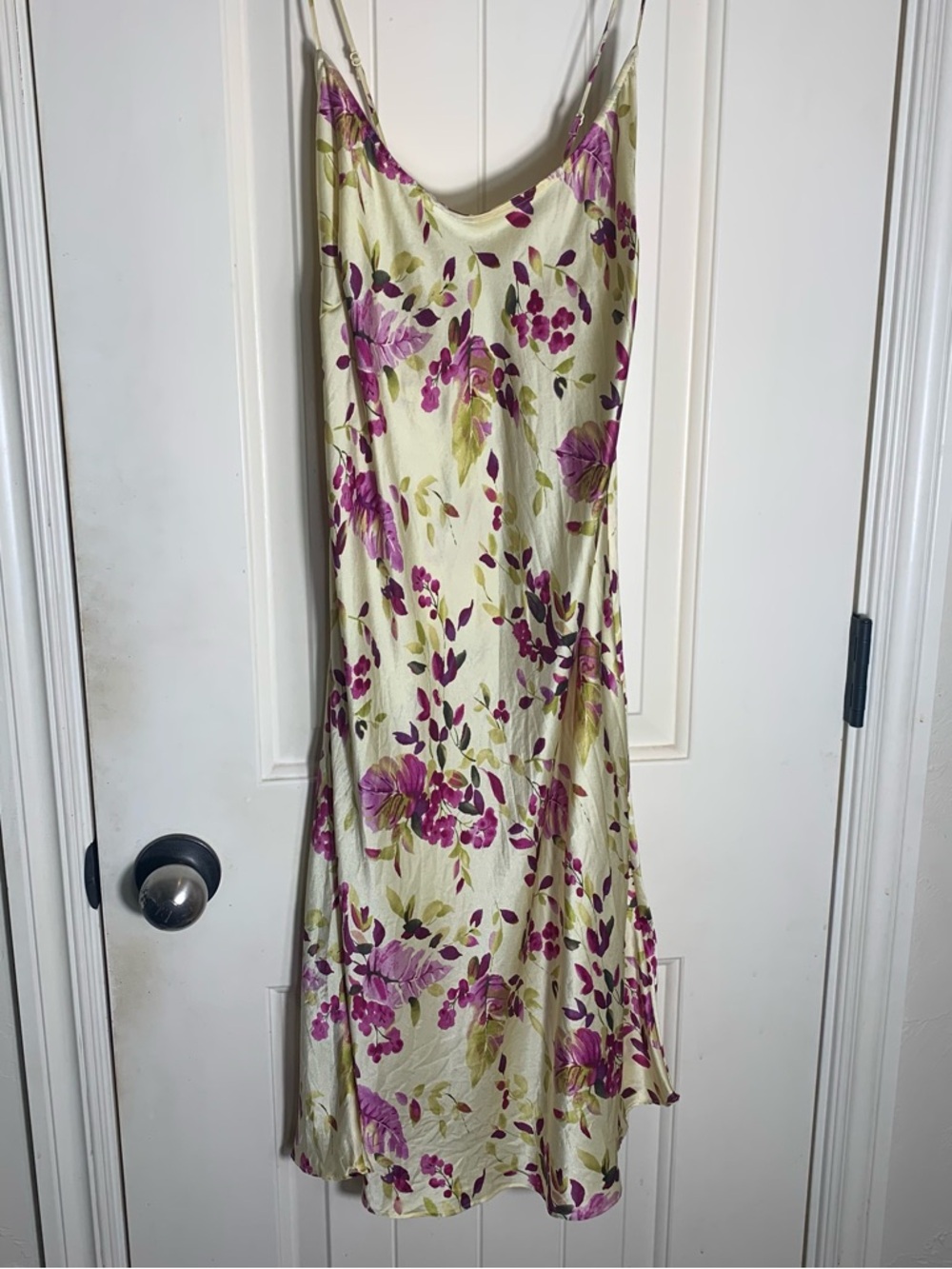 Victoria's Secret Yellow 100% Silk Chemise with Purple Floral Print